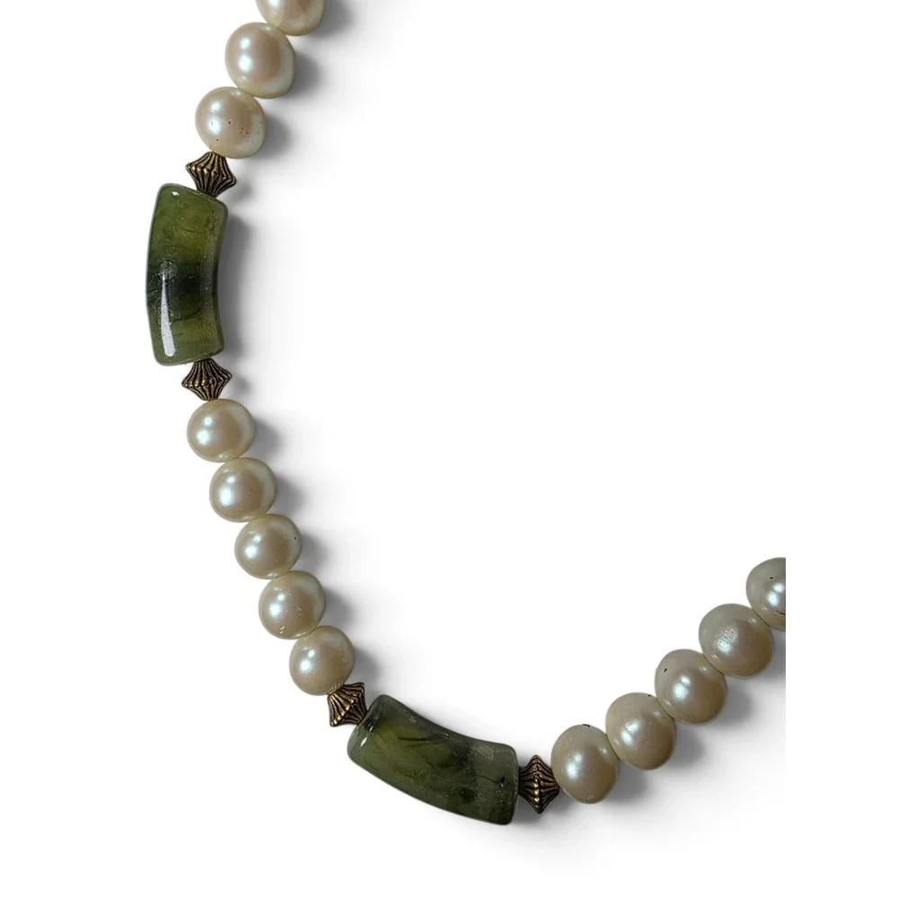 Vintage Faux Pearl and Faux Jade Statement Cocktail Necklace Boho Chic Green